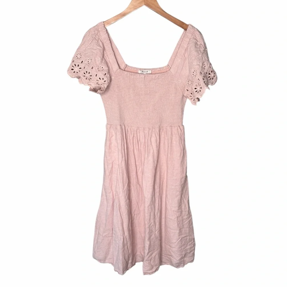 Madewell Linen-Blend Eyelet-Sleeve Lucie Smocked Midi Dress - Wisteria Dove - Picture 4 of 13